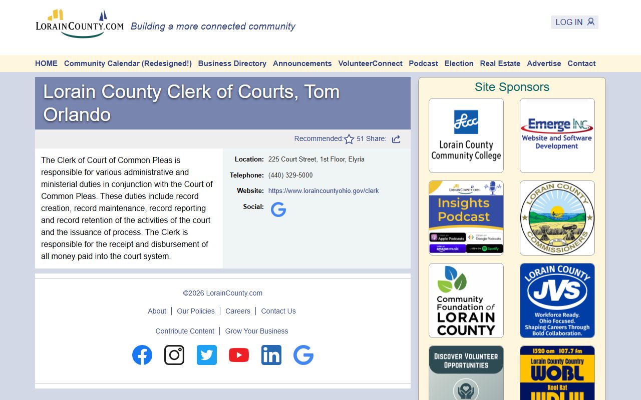 Lorain County phone directory clerk of courts website