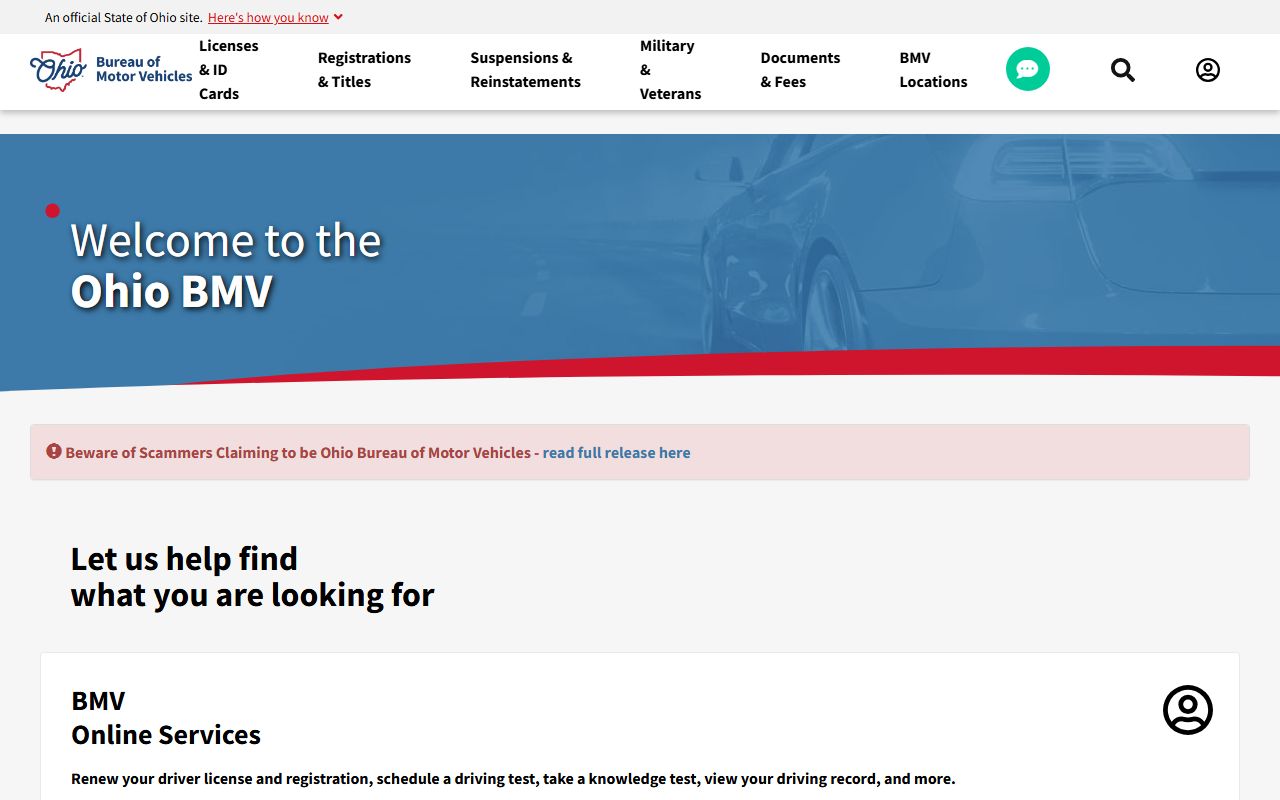 Ohio BMV phone directory and online services